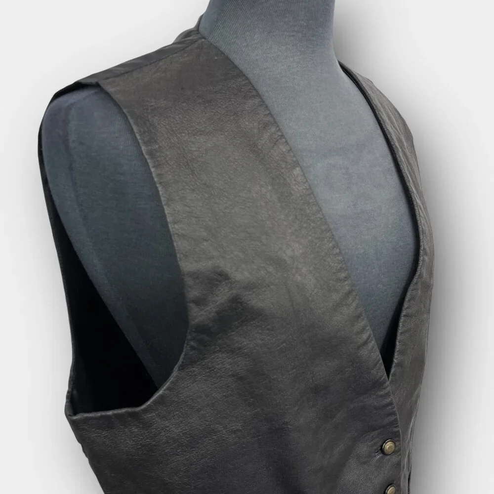 HER Vintage 90s Black Leather Front Waistcoat Vest L Lined Adjustable Back - Picture 2 of 8